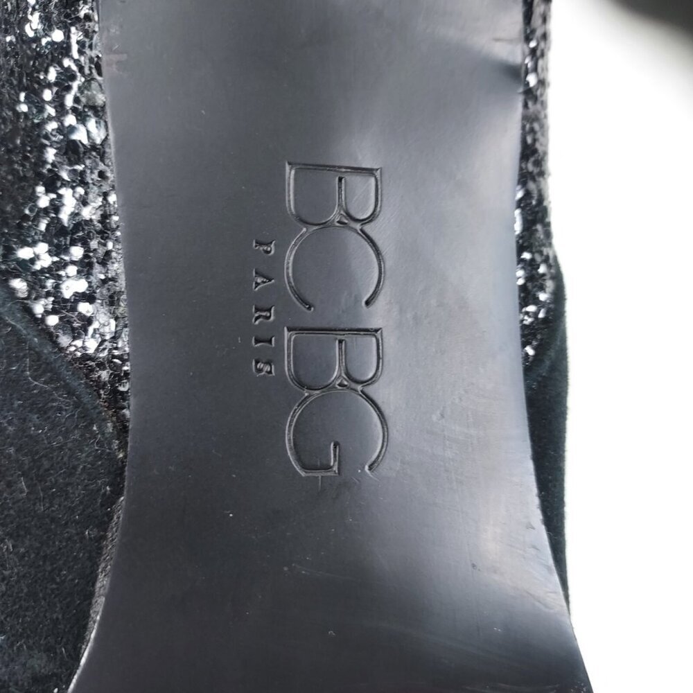 BCBG Milan Stiletto Ankle Booties Women's 9.5B Black Suede Glitter Zip Heel Glam - Picture 12 of 15